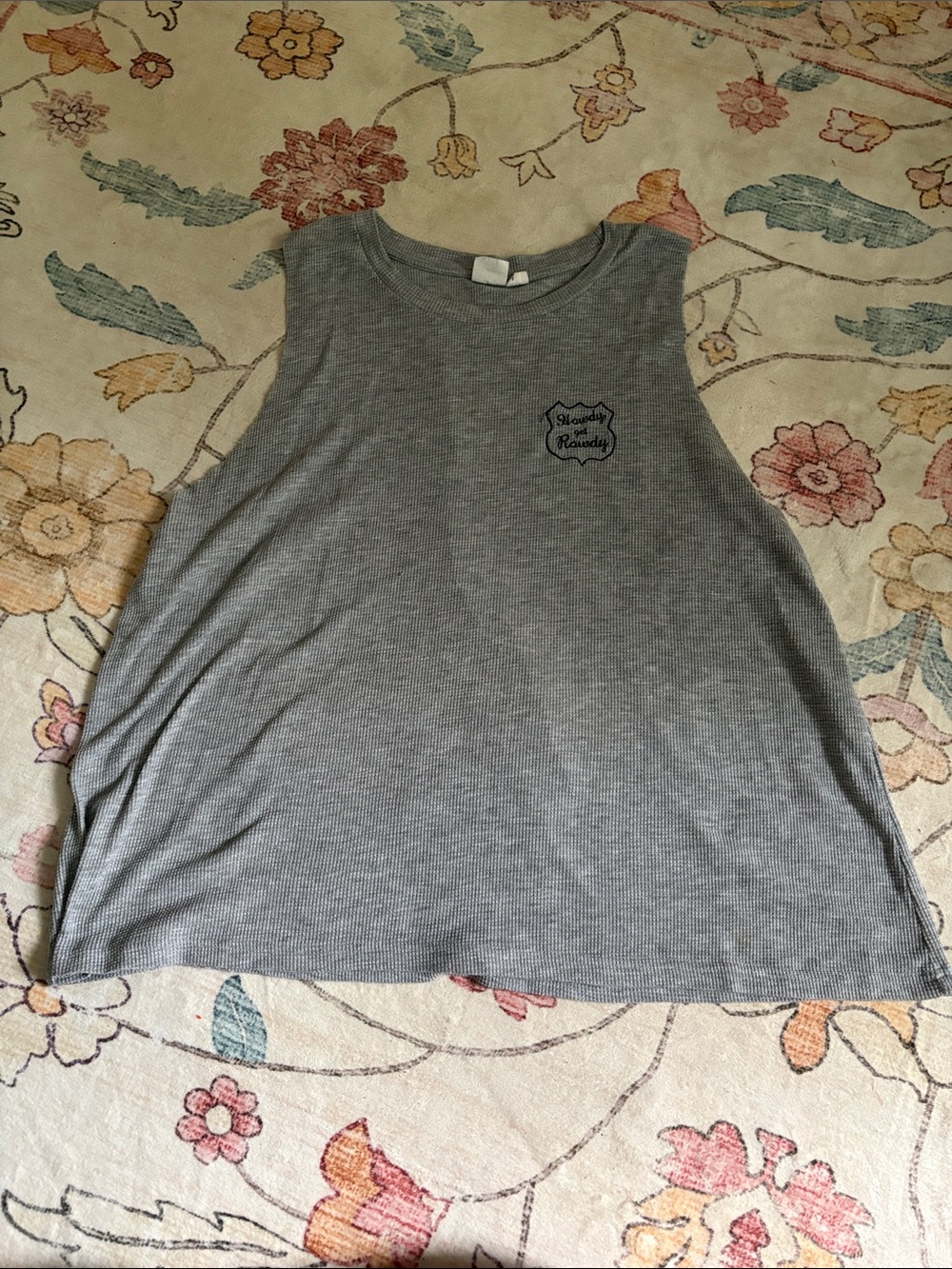 Grey Ribbed Sleeveless Tank Top with Chest Patch- Howdy Get Rowdy